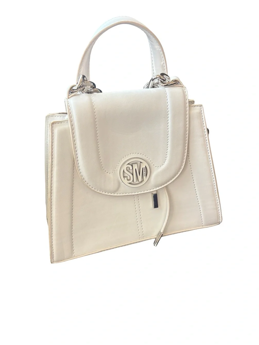 Steve Madden Cream Top-Handle Satchel with Monogram Detail